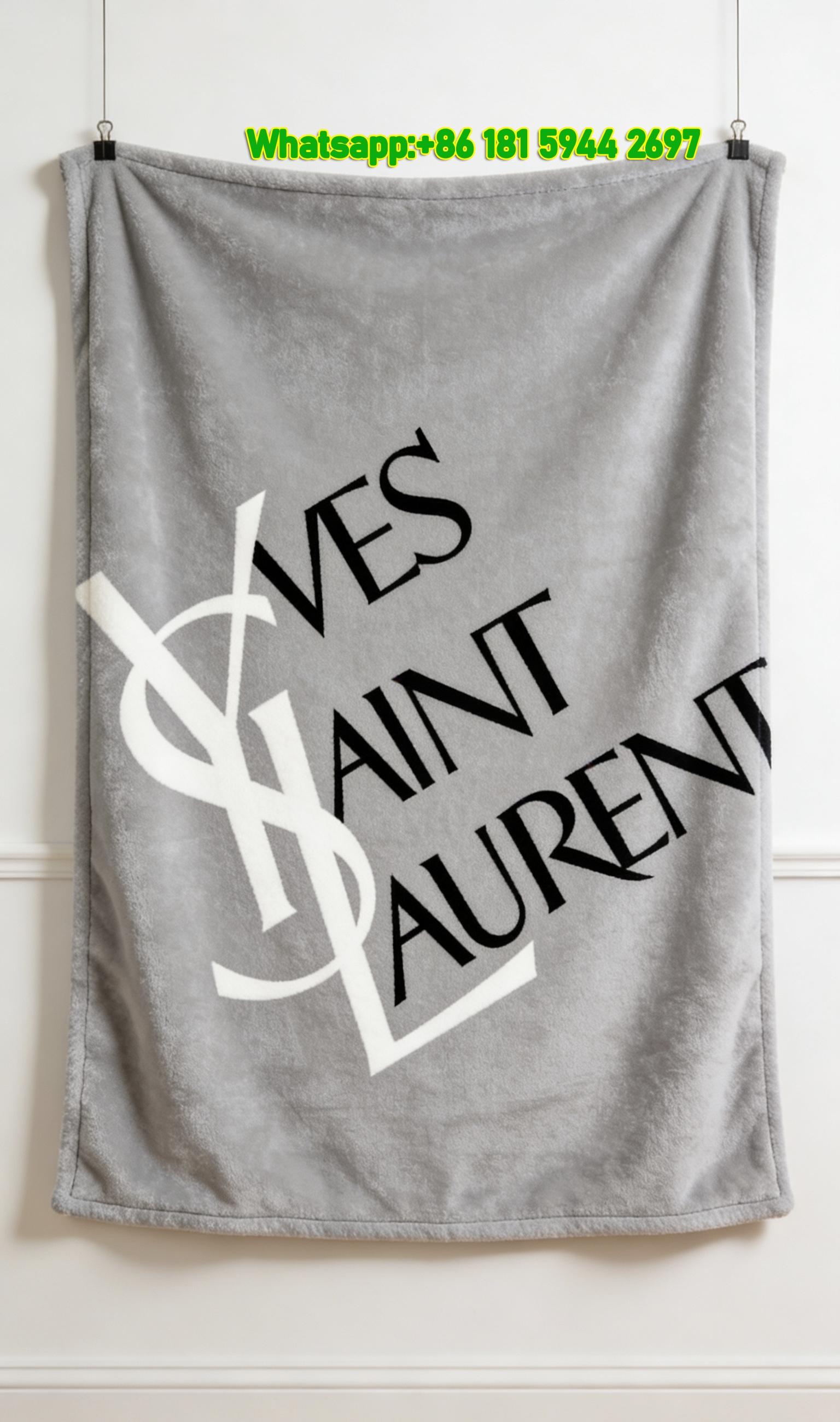 Yves Saint Laurent YSL Grey Black White Logo Printed Flannel Sofa Throw Blanket IMG_3220